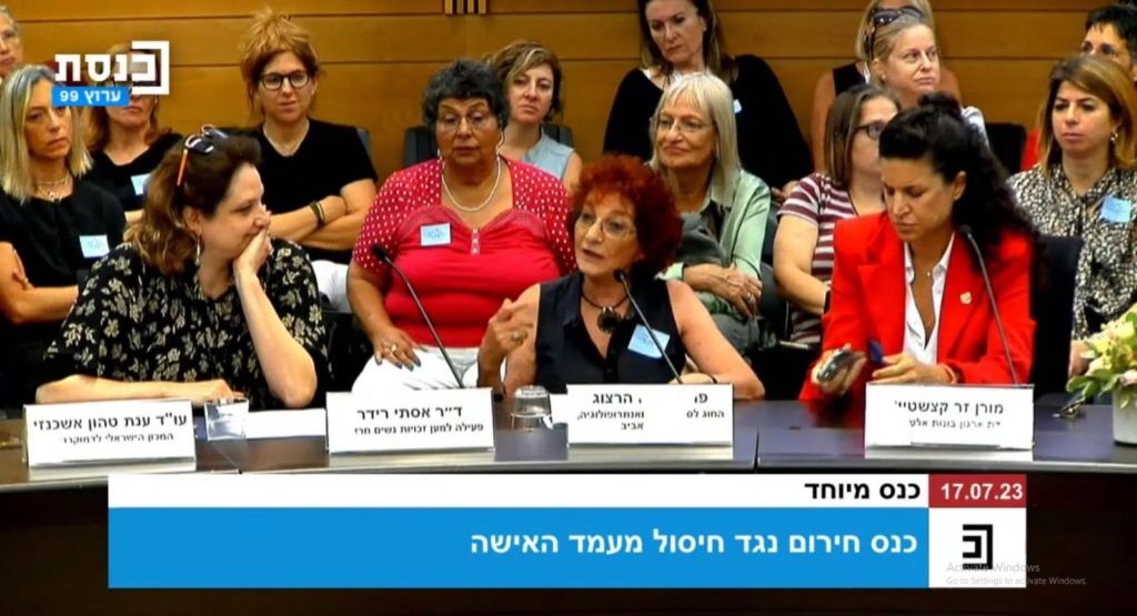 NCJW's Israel team, Kalela Lancaster and Eynat Meytahl, sit behind the dais for this week's "Emergency conference on the elimination of the status of women" in the Knesset